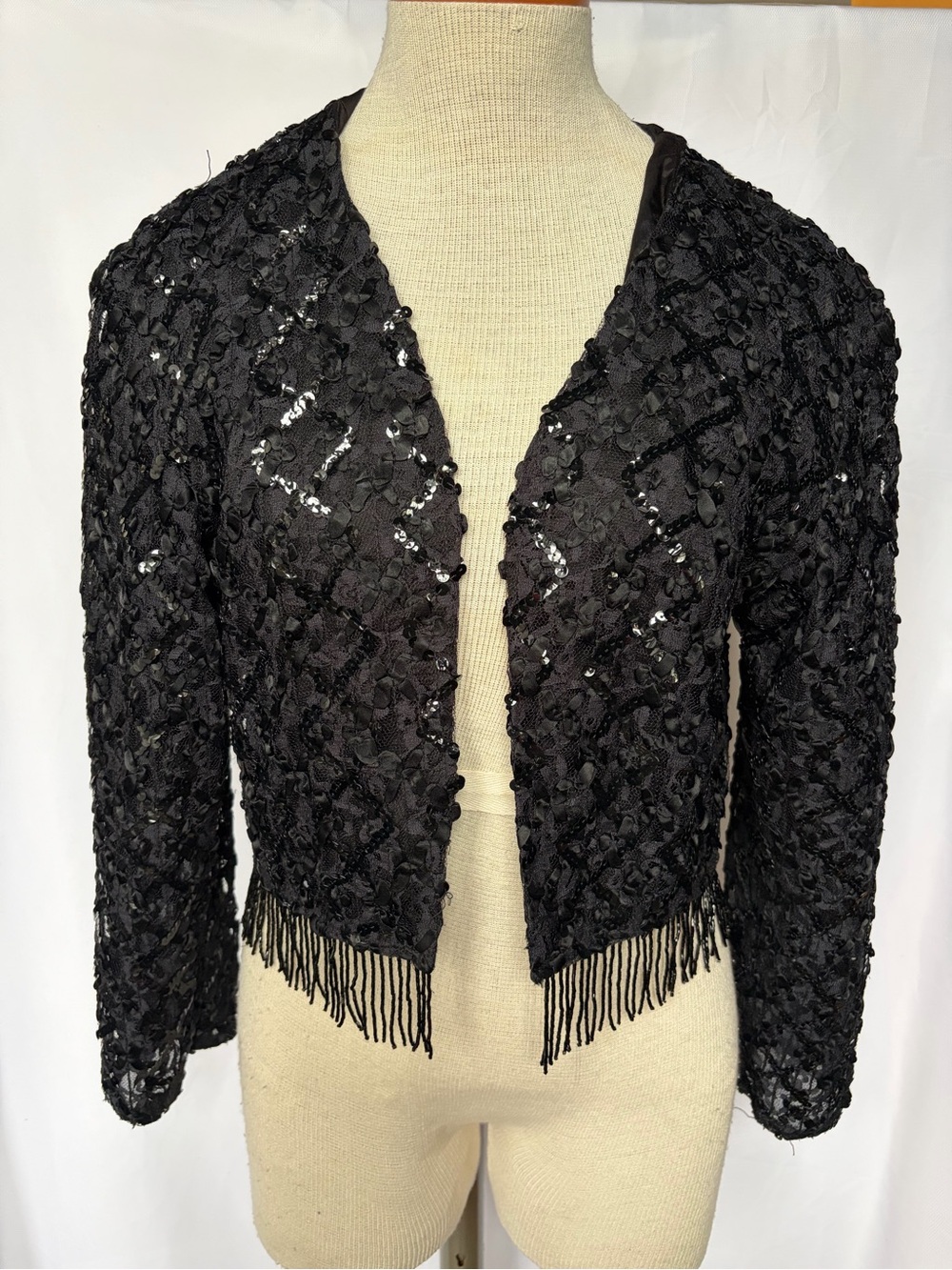 1980s Elegant Black Sequin Bolero with Beaded Fringe